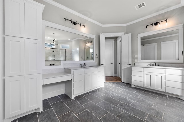 bathroom featuring tile patterned floors, vanity, and ornamental molding