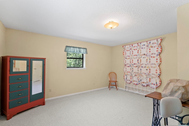 interior space with a textured ceiling and carpet flooring