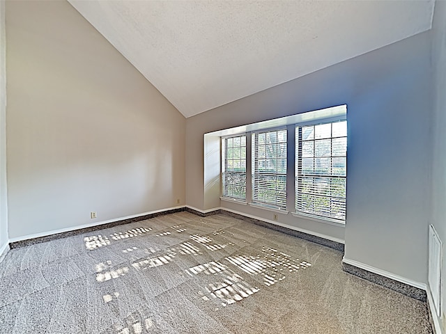 carpeted empty room with lofted ceiling, a textured ceiling, and baseboards