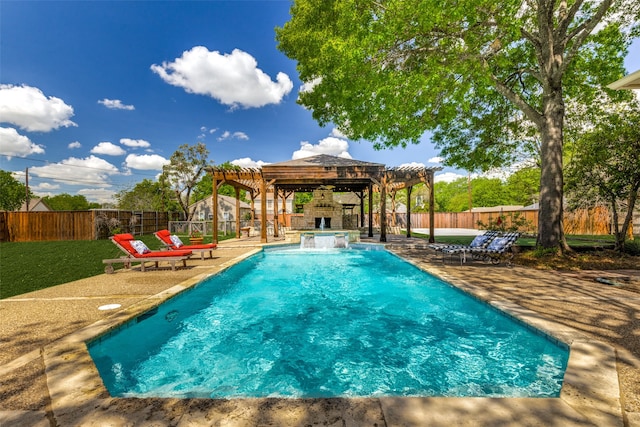 view of pool with a patio area, pool water feature, and a gazebo