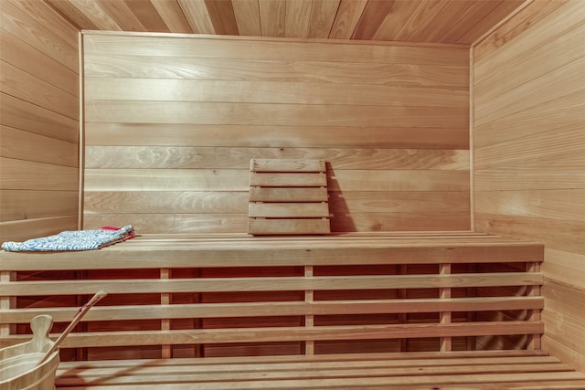 view of sauna / steam room with wood walls and wooden ceiling