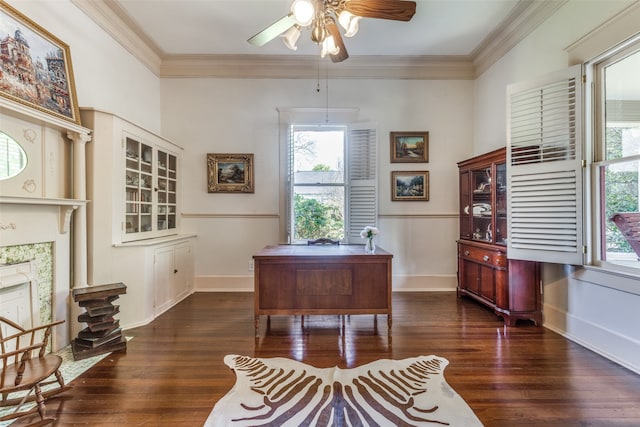 office space featuring crown molding, dark wood-type flooring, and ceiling fan