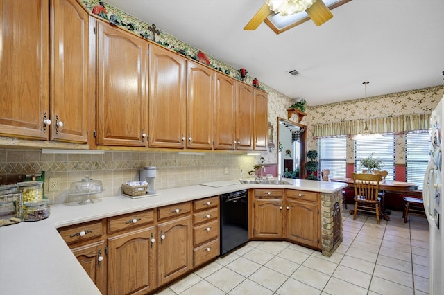 kitchen with hanging light fixtures, black dishwasher, light tile patterned floors, and ceiling fan