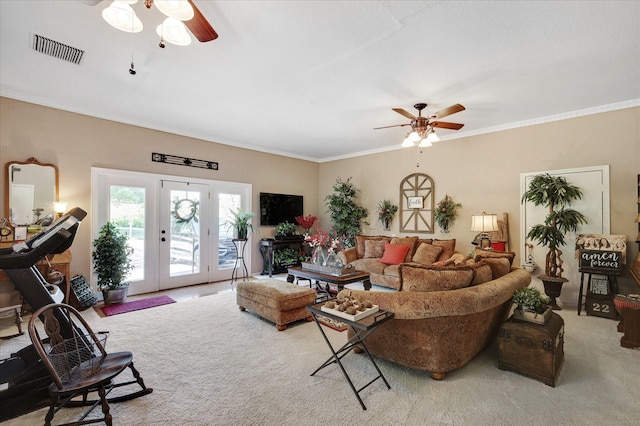 2201 Oak Knoll Ct, Colleyville, TX 76034 - living area featuring a ceiling fan, carpet, and crown molding