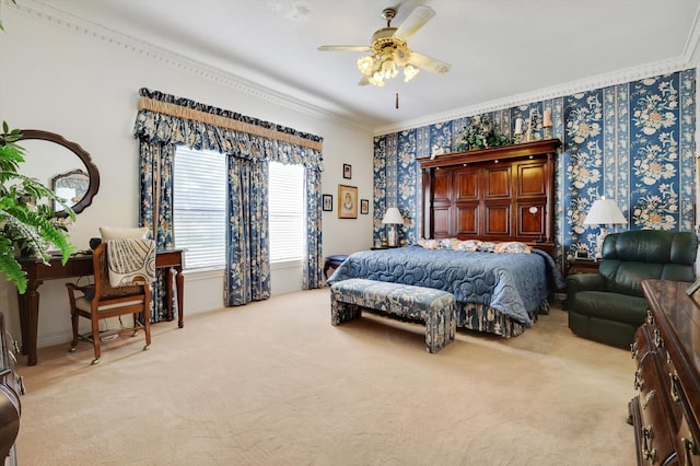 bedroom featuring light carpet, ceiling fan, and ornamental molding