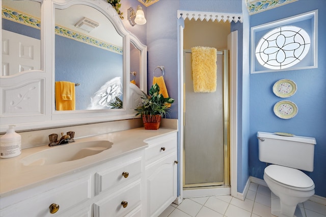 bathroom with an enclosed shower, vanity, tile patterned floors, and toilet