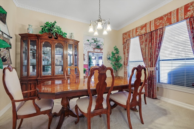 carpeted dining space featuring crown molding and a notable chandelier