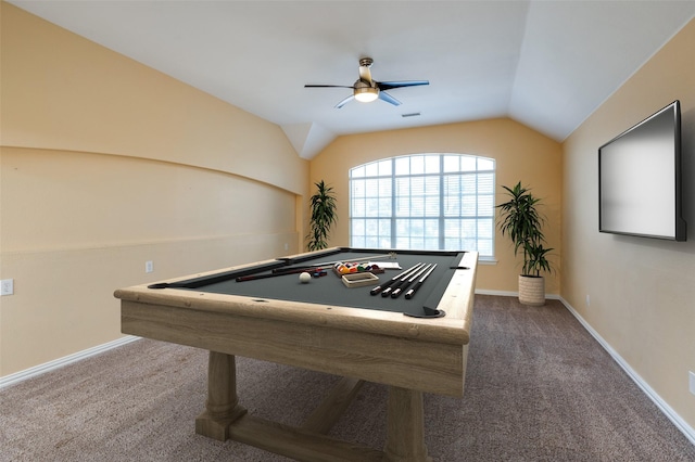 rec room with dark colored carpet, ceiling fan, pool table, and vaulted ceiling