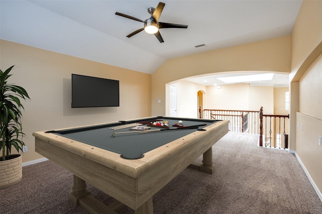 game room featuring ceiling fan, carpet floors, vaulted ceiling, and billiards