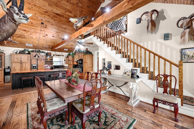 dining room with hardwood / wood-style flooring, wooden ceiling, and ceiling fan