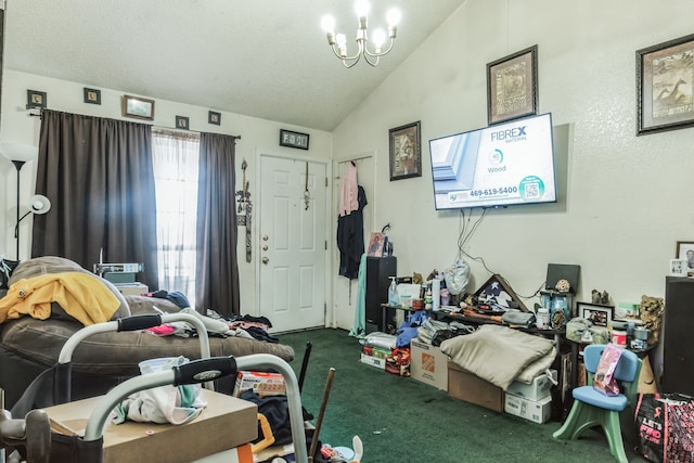 carpeted bedroom with a notable chandelier and lofted ceiling