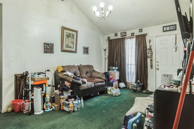 carpeted living room with lofted ceiling and a chandelier