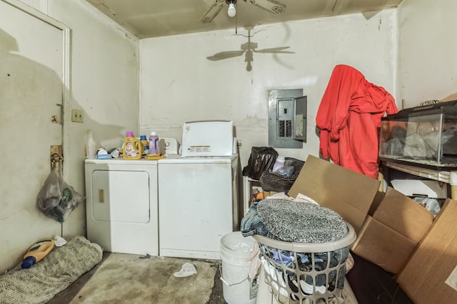 laundry area featuring washing machine and dryer, electric panel, and ceiling fan