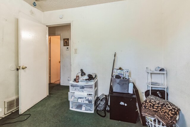 misc room with dark carpet and a textured ceiling