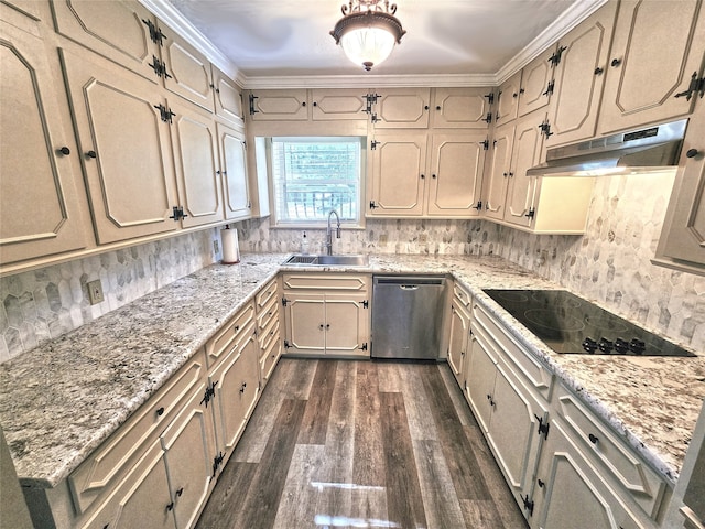 kitchen with sink, stainless steel dishwasher, decorative backsplash, black electric cooktop, and dark hardwood / wood-style flooring