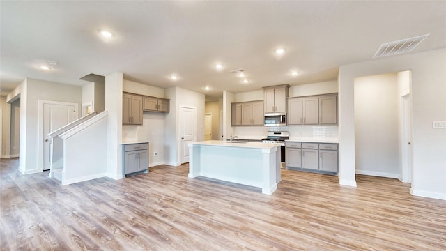 kitchen with gray cabinetry, light hardwood / wood-style flooring, decorative backsplash, a center island with sink, and appliances with stainless steel finishes