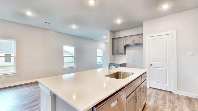 kitchen featuring a kitchen island with sink, gray cabinetry, a sink, visible vents, and stainless steel dishwasher