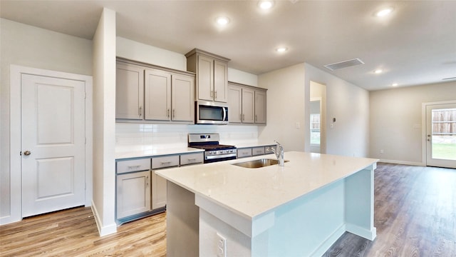 kitchen featuring a center island with sink, sink, decorative backsplash, appliances with stainless steel finishes, and light hardwood / wood-style floors