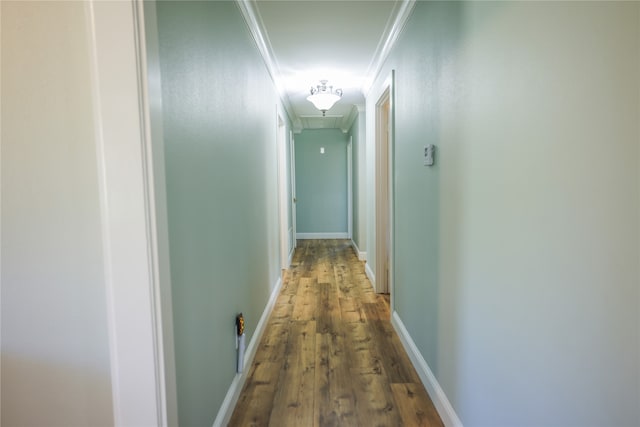 hall with crown molding and hardwood / wood-style flooring