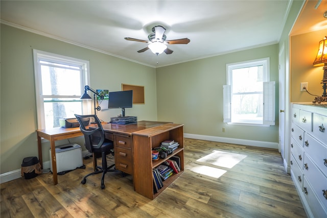 office with dark wood-type flooring, crown molding, and ceiling fan