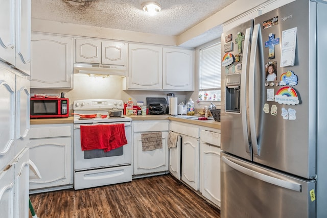 kitchen featuring stainless steel fridge with ice dispenser, dark wood-type flooring, white range with electric cooktop, and a textured ceiling