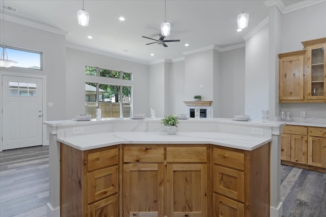 kitchen featuring ornamental molding, hanging light fixtures, dark hardwood / wood-style flooring, and ceiling fan