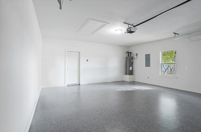 garage with electric water heater, a garage door opener, and electric panel