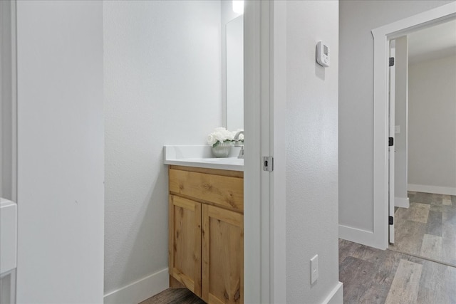 bathroom with wood-type flooring and vanity