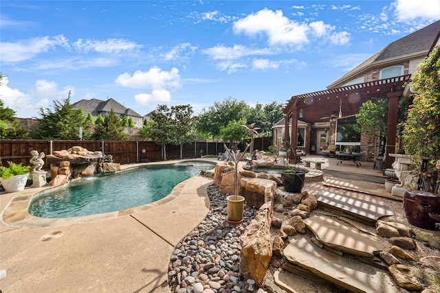 view of pool featuring a patio, a pergola, and pool water feature