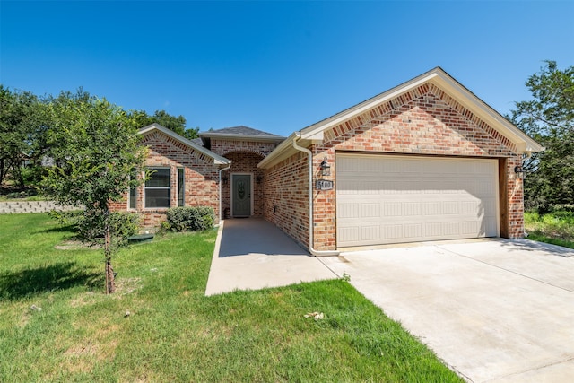 single story home with a garage and a front lawn