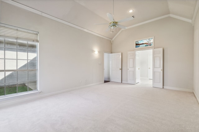 unfurnished bedroom with ceiling fan, crown molding, light carpet, and high vaulted ceiling