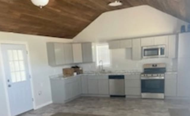 5280 Atwell Ln, Denton, TX 76208 - kitchen featuring stainless steel appliances, wooden ceiling, vaulted ceiling, plenty of natural light, and light countertops