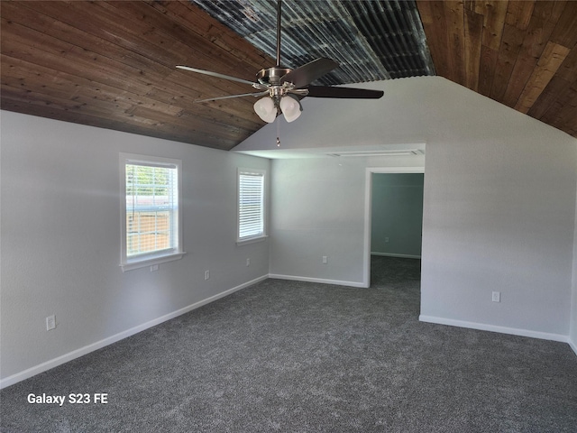 5280 Atwell Ln, Denton, TX 76208 - unfurnished room with wood ceiling, vaulted ceiling, a ceiling fan, dark colored carpet, and baseboards