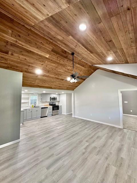 5280 Atwell Ln, Denton, TX 76208 - unfurnished living room with wood ceiling, a ceiling fan, light wood-style floors, baseboards, and vaulted ceiling