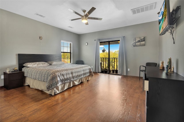 bedroom with access to outside, ceiling fan, and hardwood / wood-style flooring