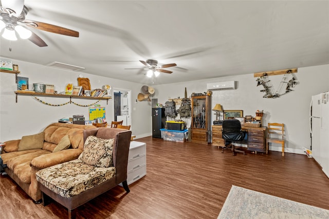 living room featuring a wall unit AC, ceiling fan, and hardwood / wood-style floors