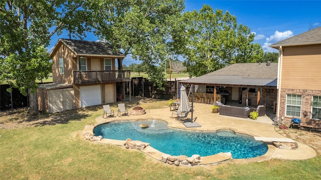 pool with fence, a diving board, an outdoor living space with a fire pit, a yard, and a patio area