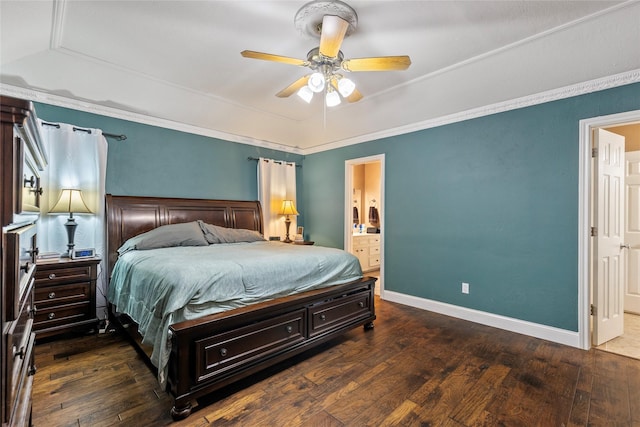 bedroom with baseboards, ensuite bath, ornamental molding, and wood-type flooring