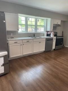 kitchen featuring appliances with stainless steel finishes, white cabinetry, sink, and dark wood-type flooring