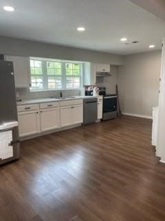 kitchen with stainless steel dishwasher, white cabinets, sink, stove, and dark wood-type flooring