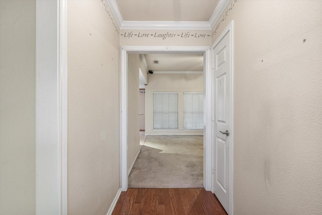 hall featuring crown molding and hardwood / wood-style flooring