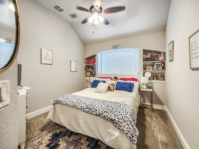 bedroom featuring dark colored carpet, ceiling fan, and lofted ceiling