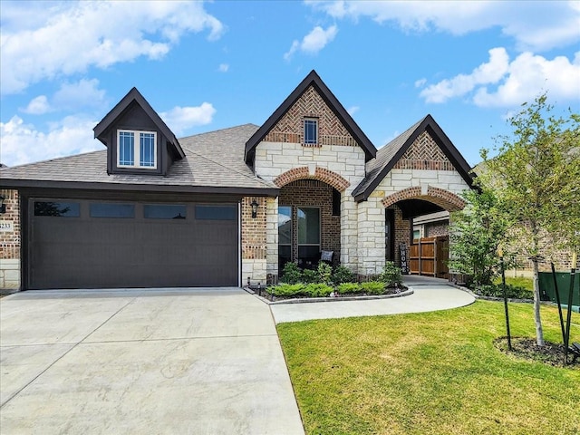 view of front of home with a garage and a front lawn