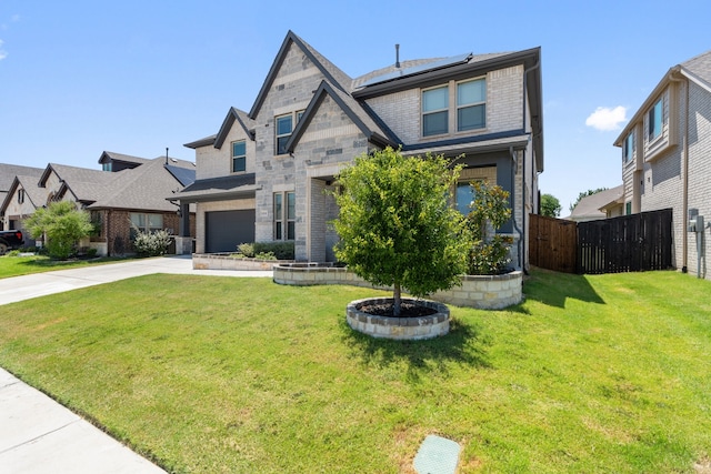 view of front facade featuring a garage, a front lawn, and central AC unit