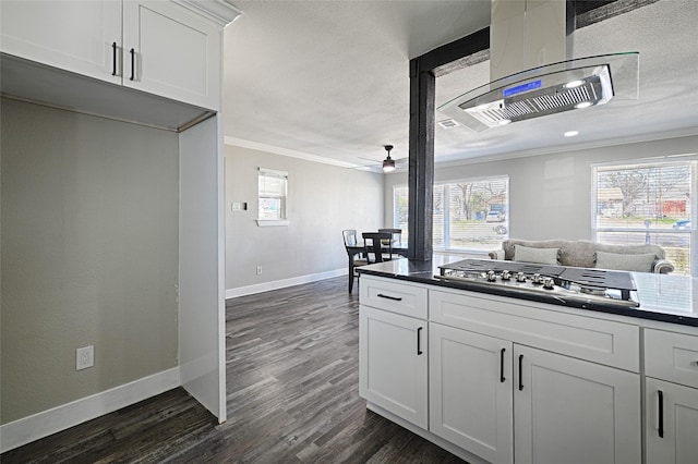 kitchen with ceiling fan, dark wood-type flooring, stainless steel gas stovetop, dark countertops, and crown molding