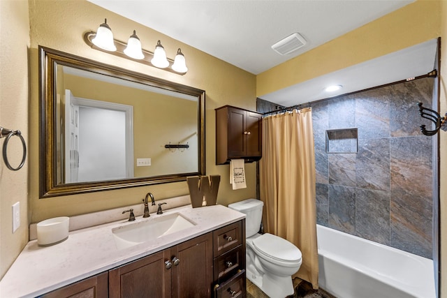 full bathroom featuring shower / bathtub combination with curtain, vanity, and toilet