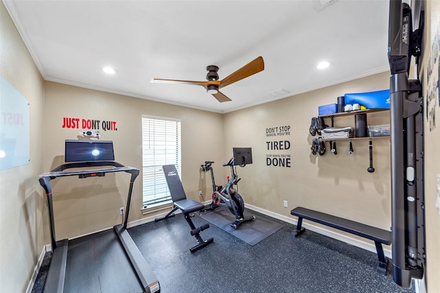 workout room featuring ceiling fan and crown molding