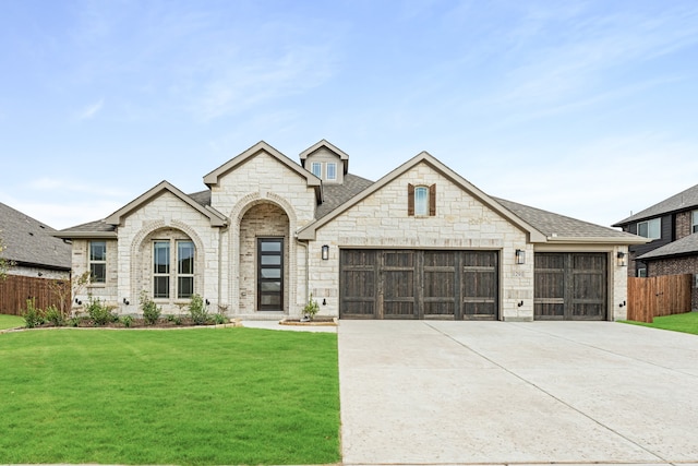 french country inspired facade with a front yard and a garage