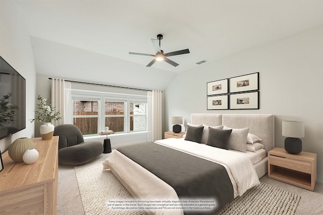 bedroom with carpet flooring, ceiling fan, and lofted ceiling