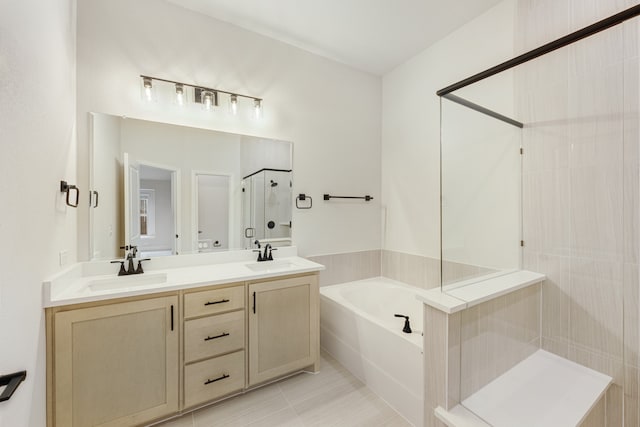 bathroom featuring tile patterned floors, vanity, and plus walk in shower